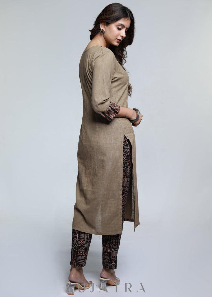 Cement Colour Cotton Ajrakh Combination Kurta-Pant Optional