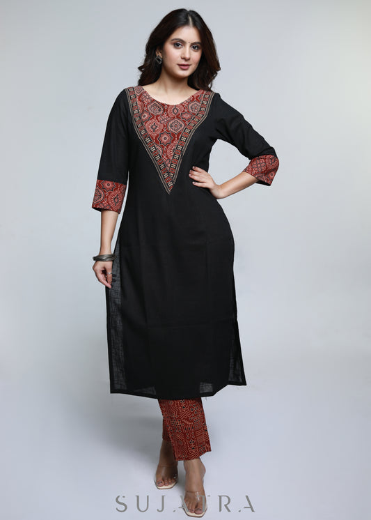 Black Cotton Ajrakh Kurta-Pant Optional