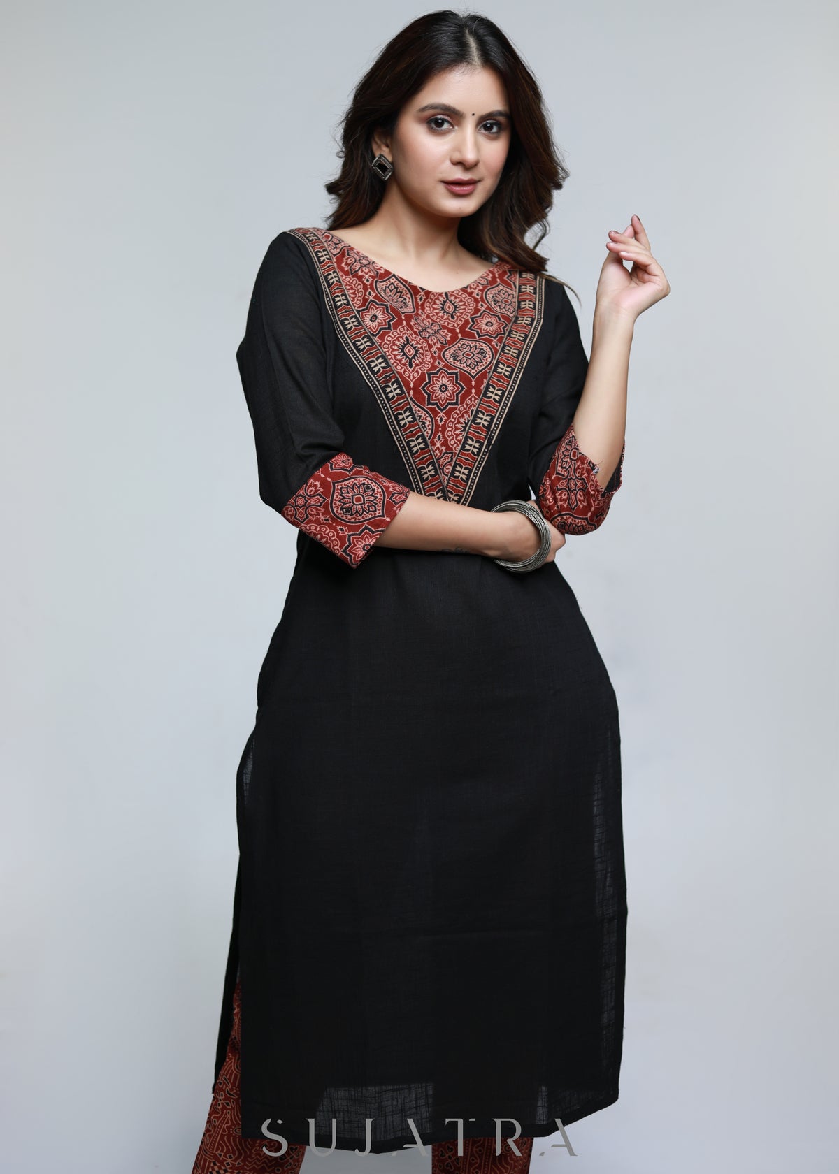 Dussehra Sale — Black Cotton Ajrakh Kurta-Pant Optional