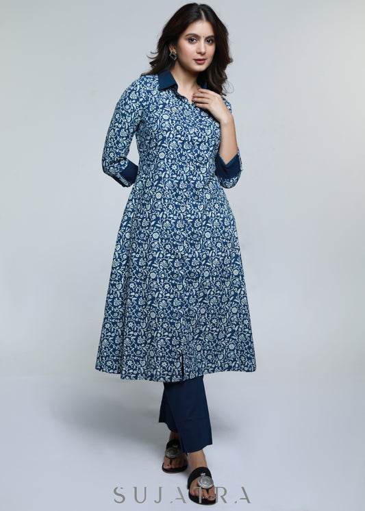 Cotton Indigo Shirt Styled Kurta-Pant Optional
