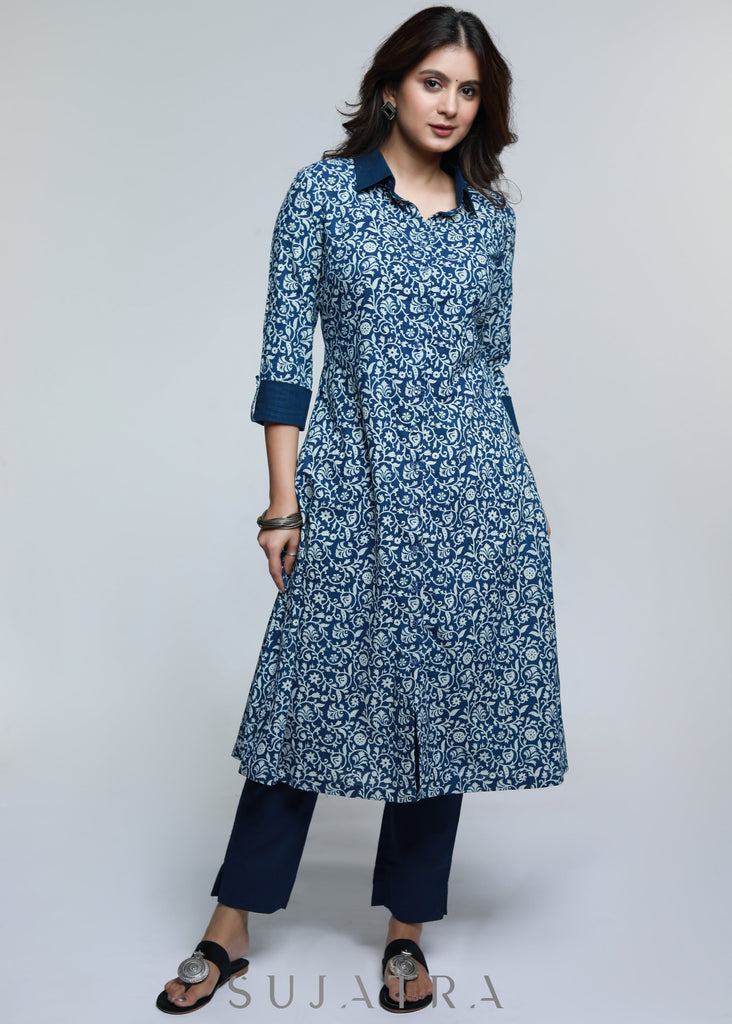 Cotton Indigo Shirt Styled Kurta-Pant Optional