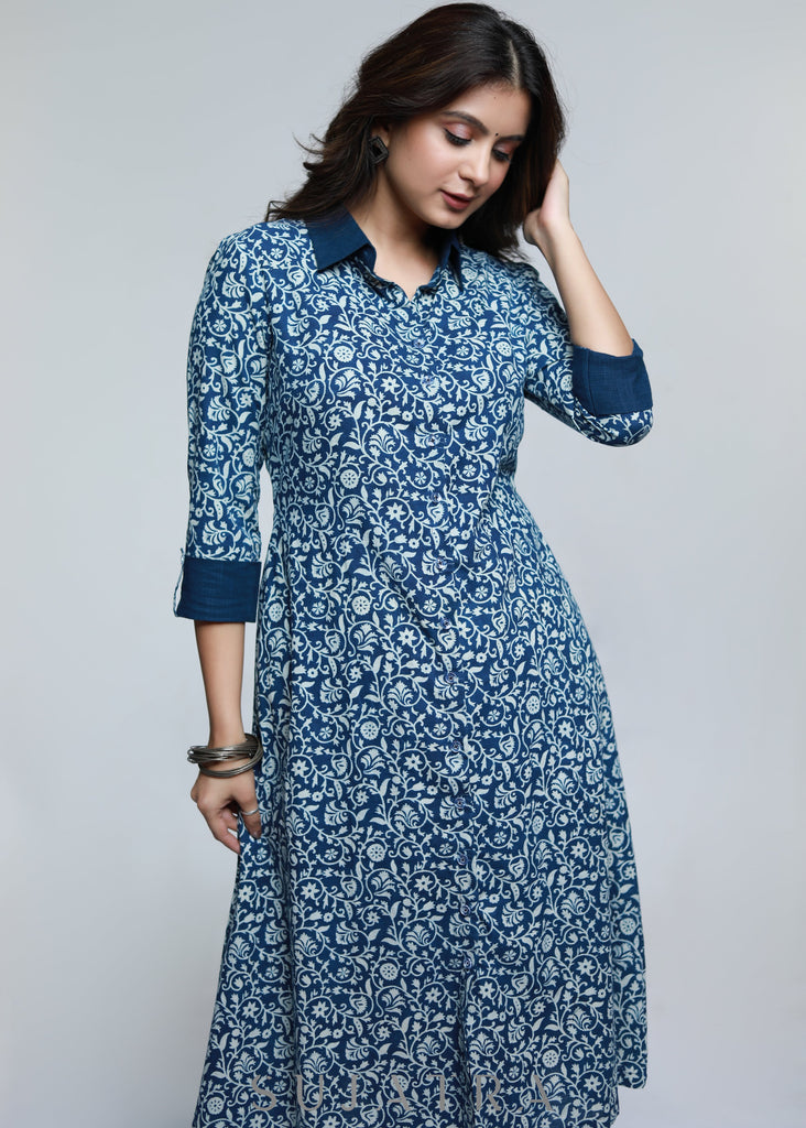 Cotton Indigo Shirt Styled Kurta-Pant Optional