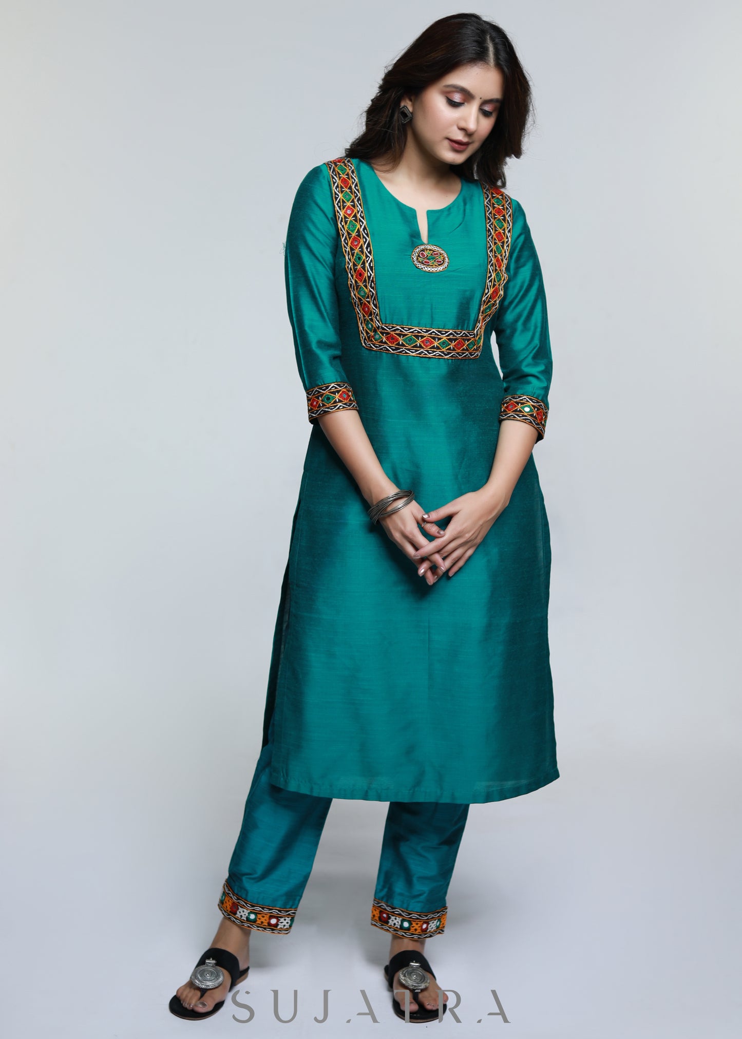 Teal Cotton Silk Kurta with Kutch Hand work-Pant Optional