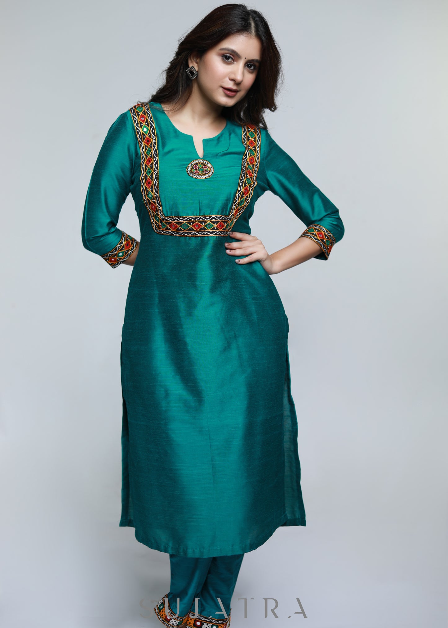 Teal Cotton Silk Kurta with Kutch Hand work-Pant Optional