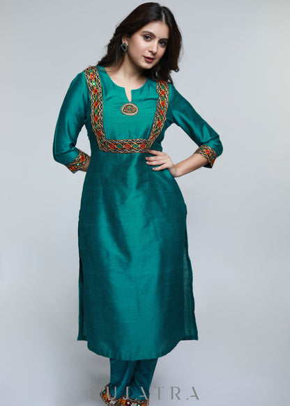 Teal Cotton Silk Kurta with Kutch Hand work-Pant Optional