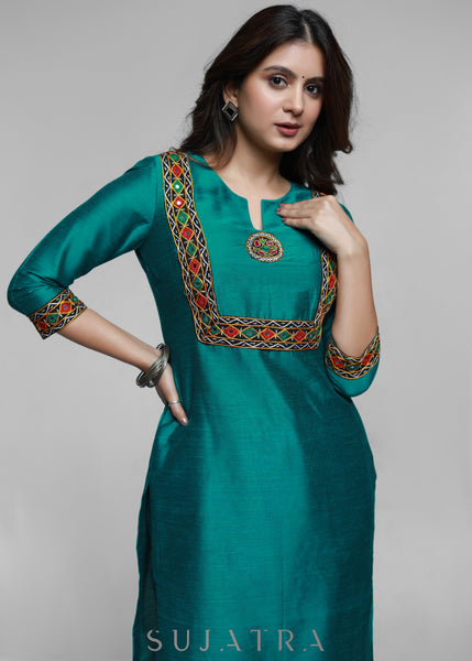 Teal Cotton Silk Kurta with Kutch Hand work-Pant Optional