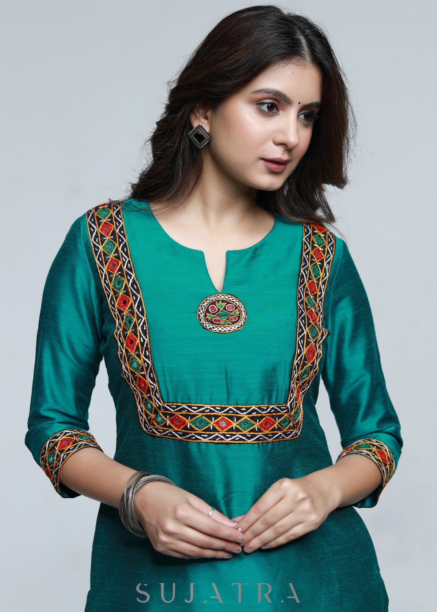 Teal Cotton Silk Kurta with Kutch Hand work-Pant Optional