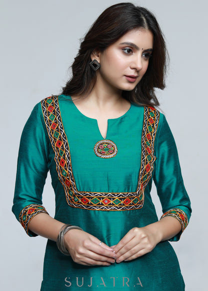 Teal Cotton Silk Kurta with Kutch Hand work-Pant Optional