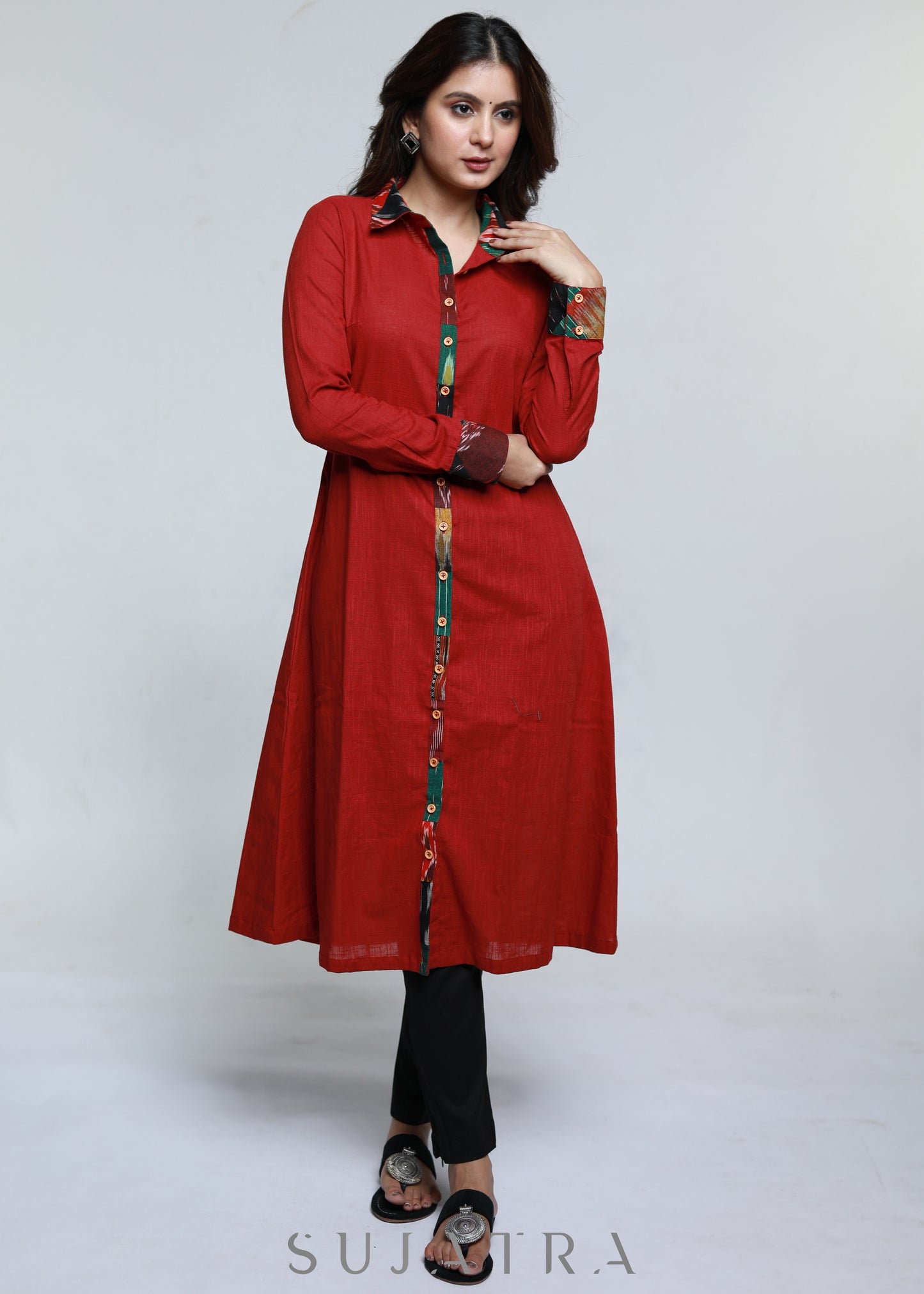 Maroon Cotton Shirt Styled Patch Work Kurta-Pant Optional