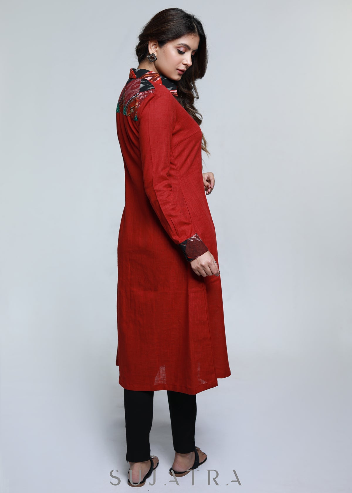 Dussehra Sale — Maroon Cotton Shirt Styled Patch Work Kurta-Pant Optional