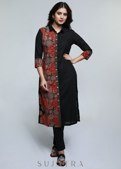 Dussehra Sale — Black Cotton Shirt Styled Kurta with Ajrakh Patch Work-Pant Optional