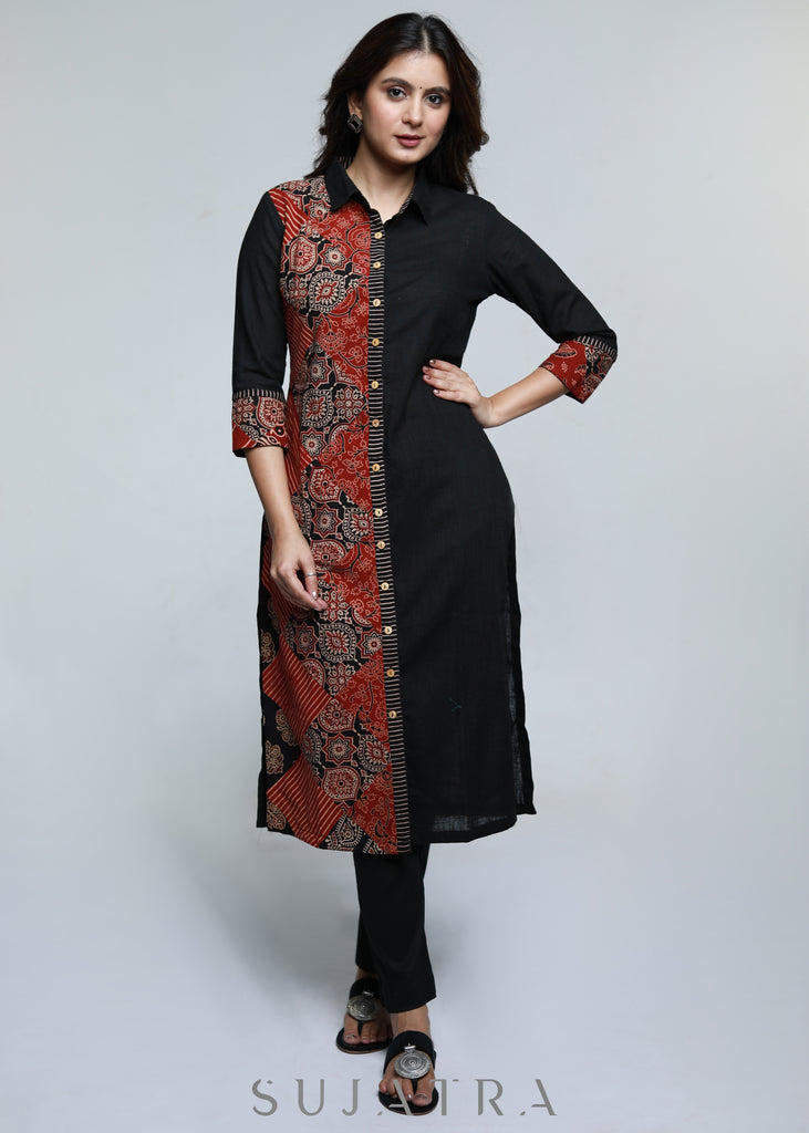 Black Cotton Shirt Styled Kurta with Ajrakh Patch Work-Pant Optional