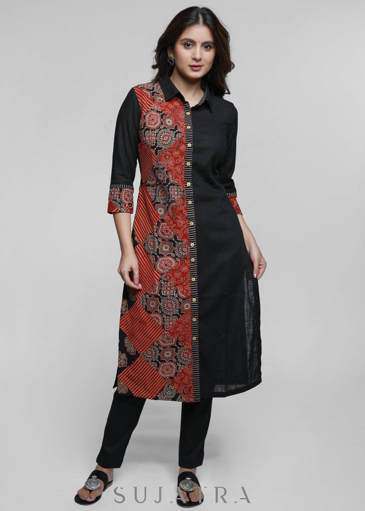 Black Cotton Shirt Styled Kurta with Ajrakh Patch Work-Pant Optional