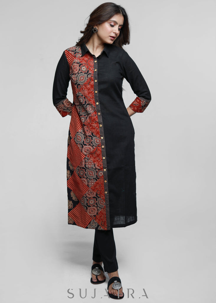 Black Cotton Shirt Styled Kurta with Ajrakh Patch Work-Pant Optional