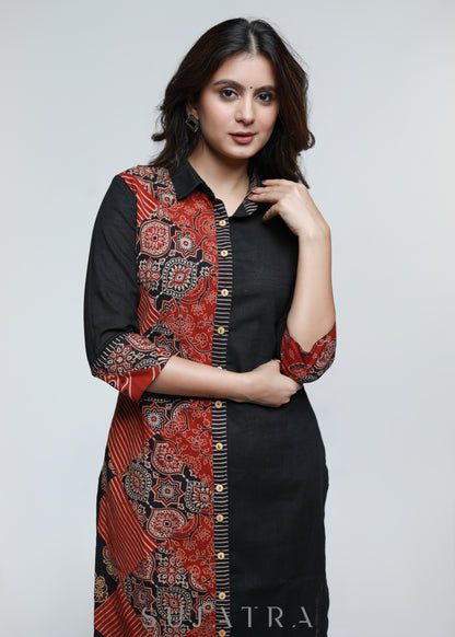 Dussehra Sale — Black Cotton Shirt Styled Kurta with Ajrakh Patch Work-Pant Optional
