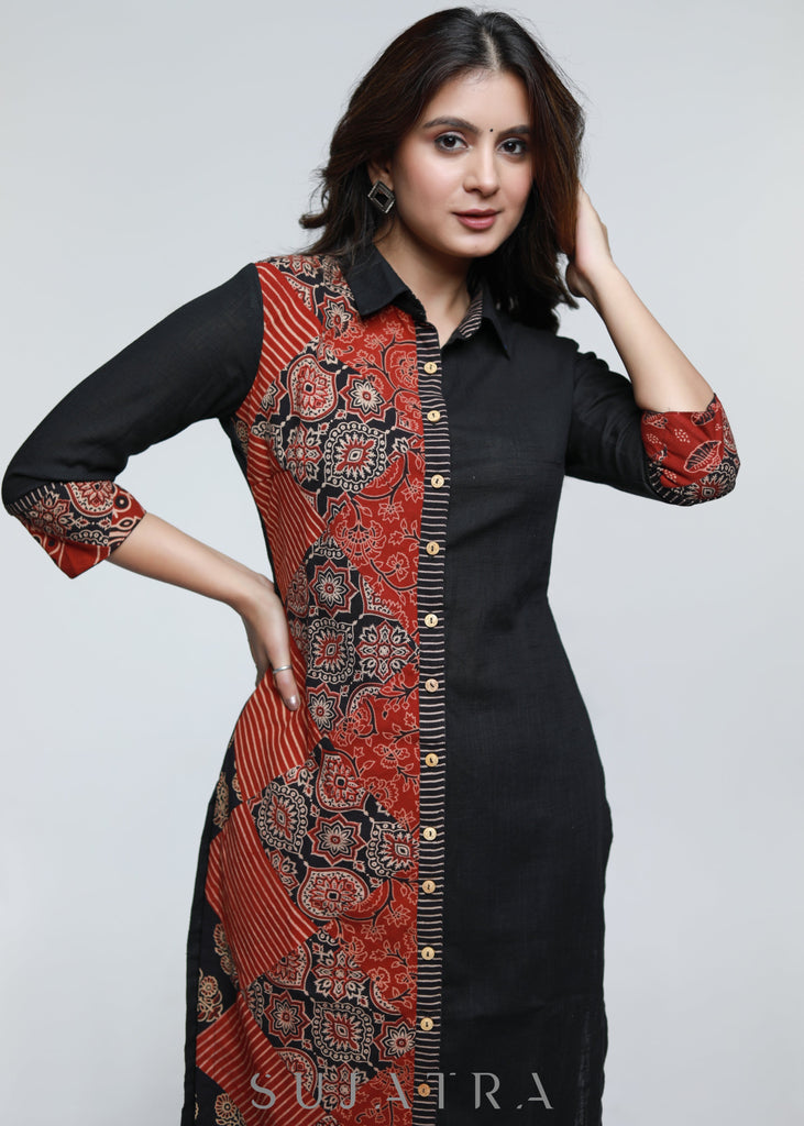 Black Cotton Shirt Styled Kurta with Ajrakh Patch Work-Pant Optional
