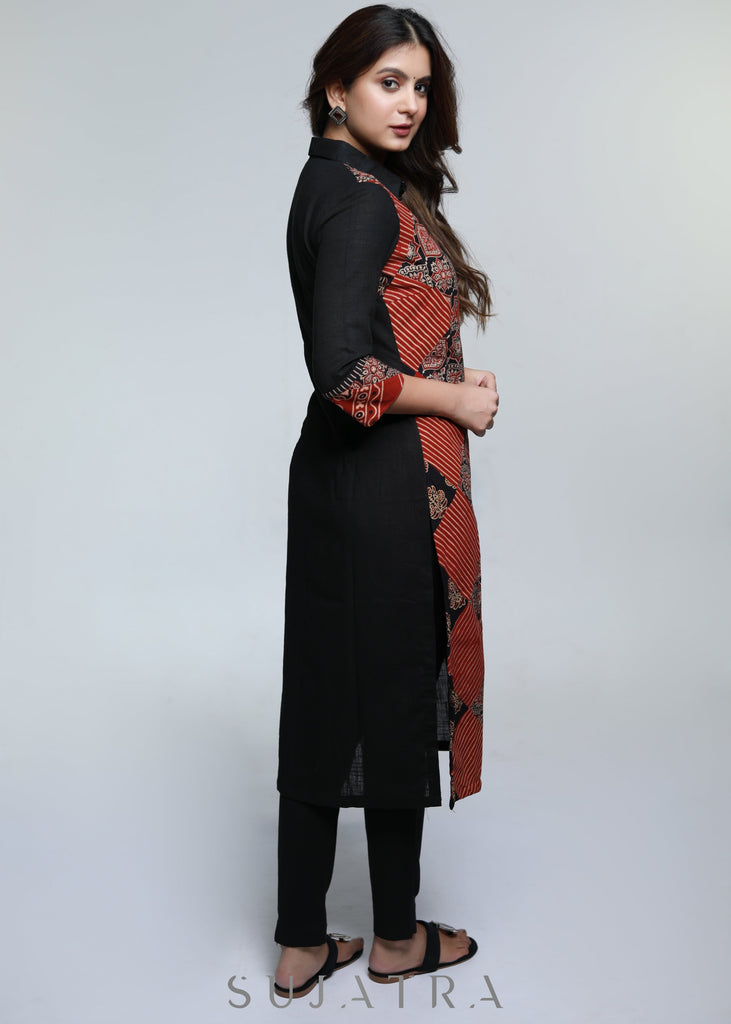 Black Cotton Shirt Styled Kurta with Ajrakh Patch Work-Pant Optional