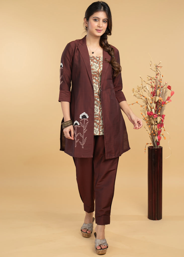 Embroidered Coffee Brown Cotton Silk Evening Jacket