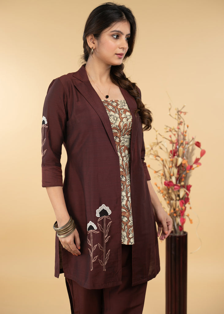 Embroidered Coffee Brown Cotton Silk Evening Jacket