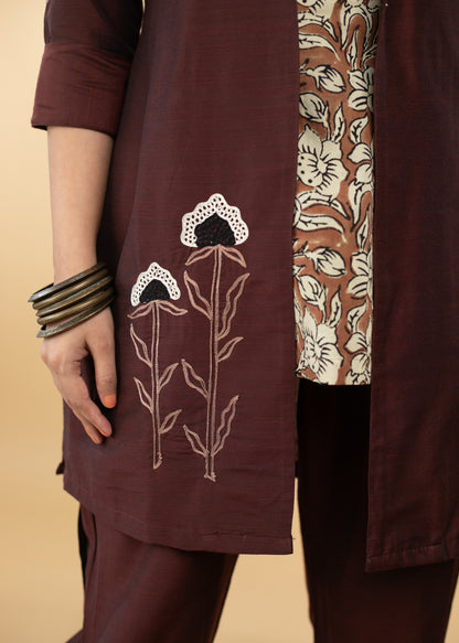 Embroidered Coffee Brown Cotton Silk Evening Jacket - Top and Pant Optional