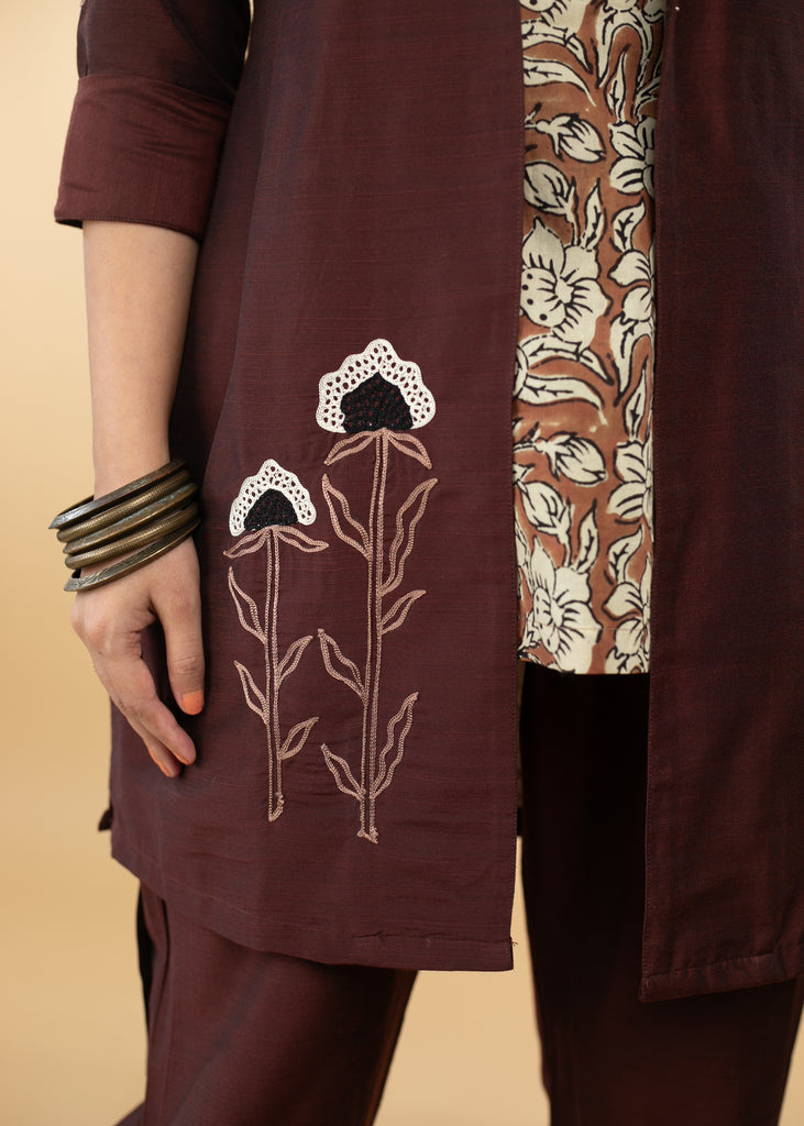 Embroidered Coffee Brown Cotton Silk Evening Jacket