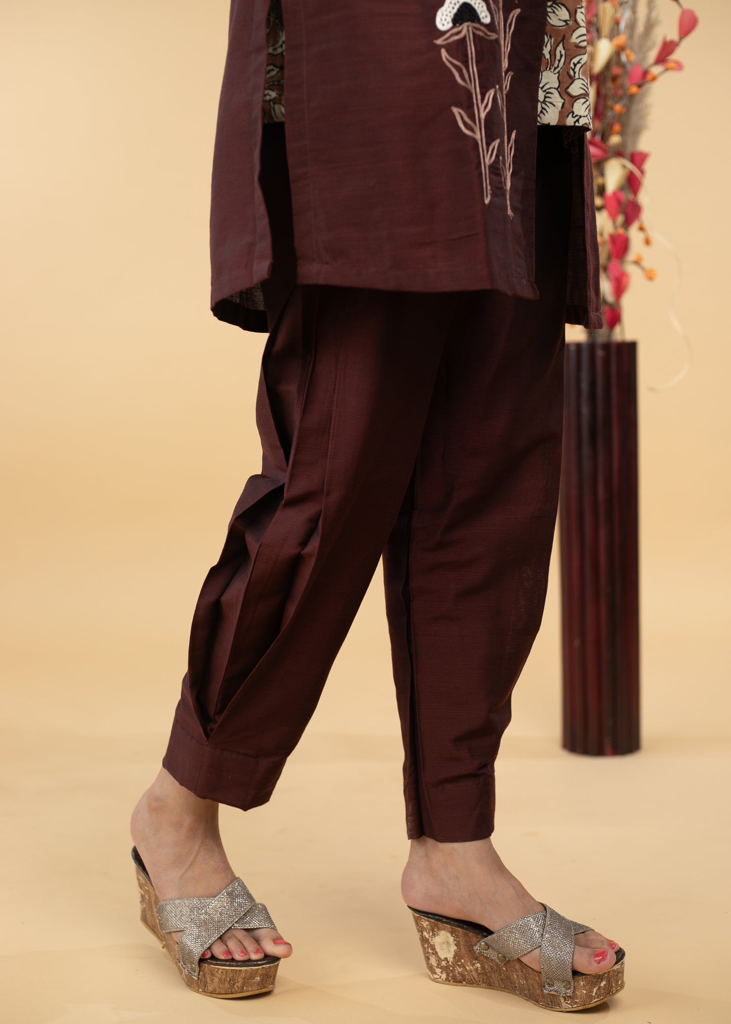 Embroidered Coffee Brown Cotton Silk Evening Jacket - Top and Pant Optional