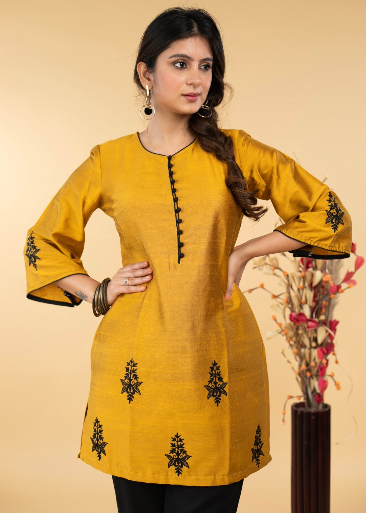 Pleasant Mustard Cotton Silk Embroidered Tunic - Pant Optional