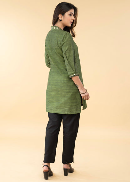 Graceful Pure Cotton Green Embroidered Collared Tunic - Pant Optional
