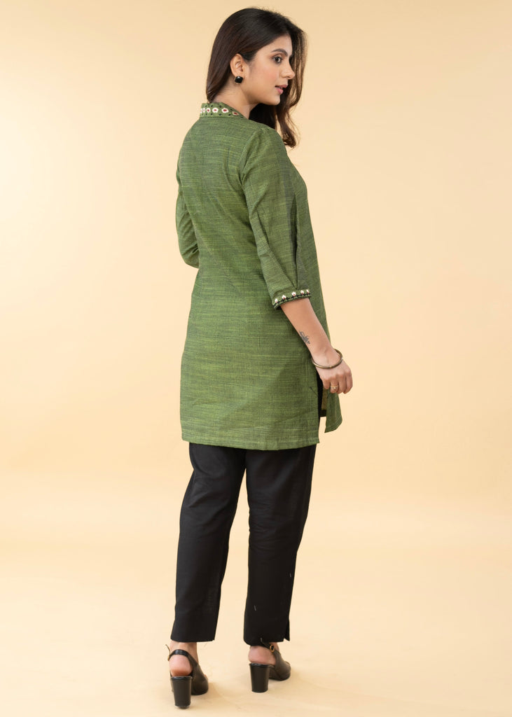 Graceful Pure Cotton Green Embroidered Collared Tunic - Pant Optional