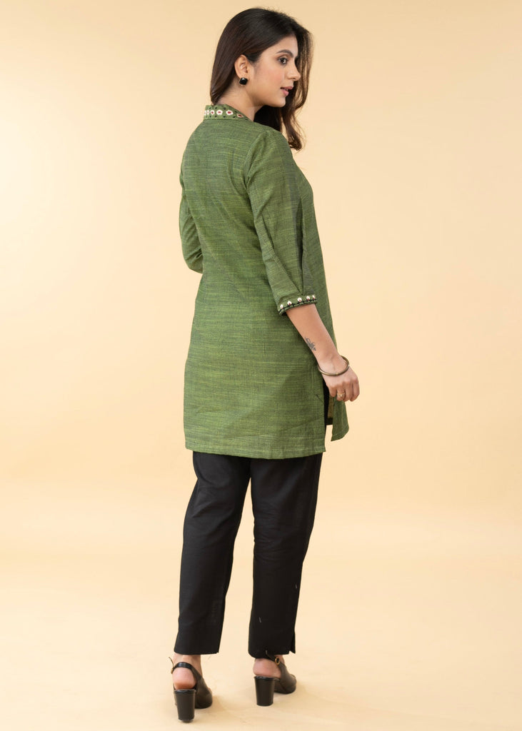 Graceful Pure Cotton Green Embroidered Collared Tunic - Pant Optional