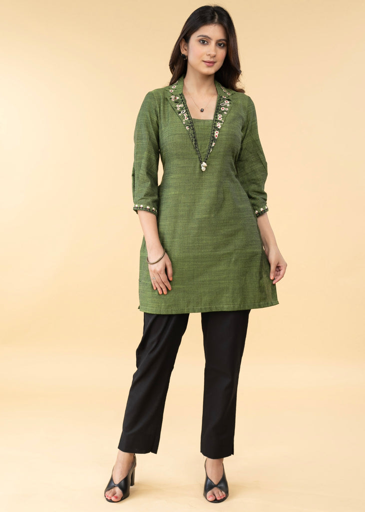 Graceful Pure Cotton Green Embroidered Collared Tunic - Pant Optional