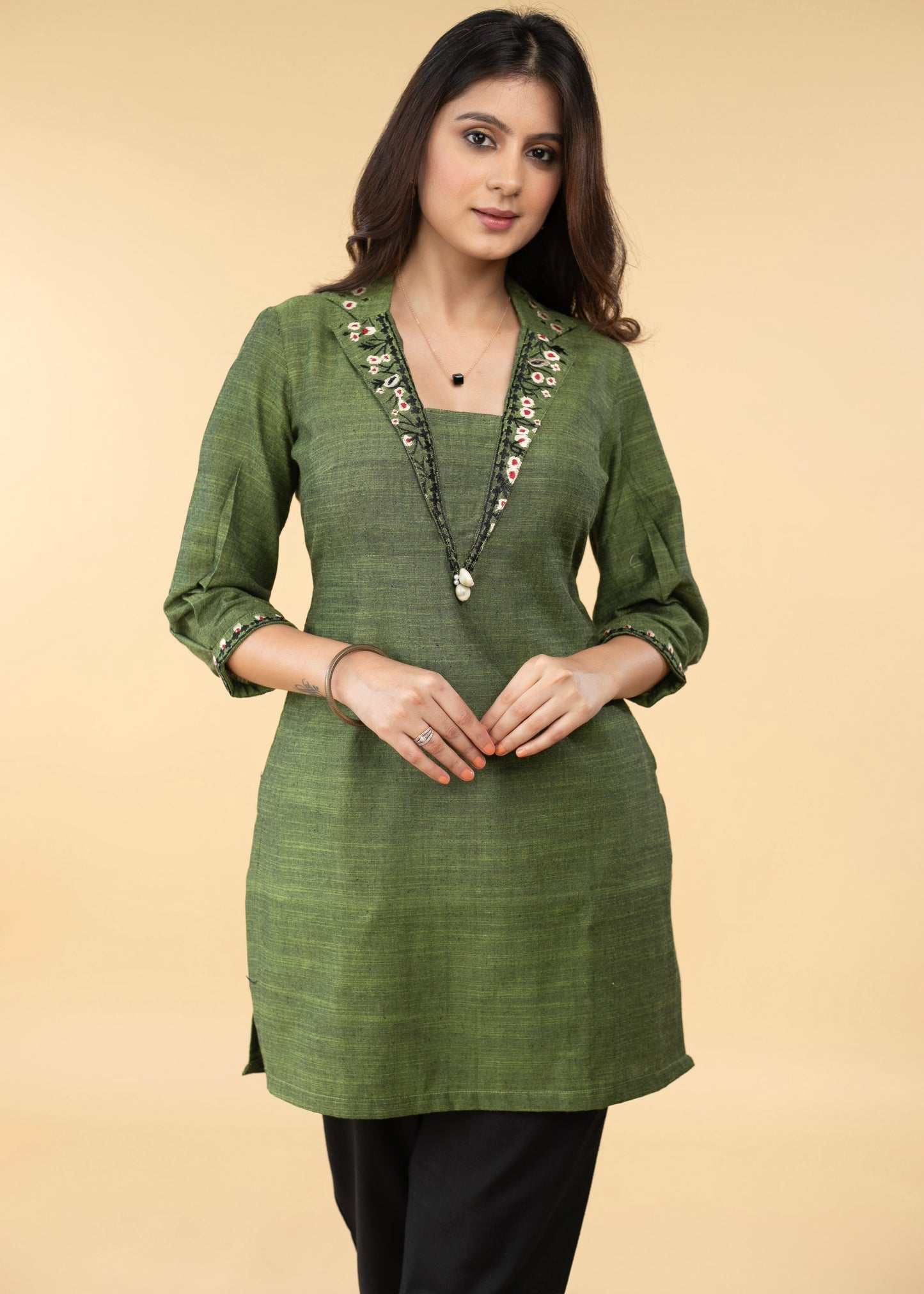 Graceful Pure Cotton Green Embroidered Collared Tunic - Pant Optional