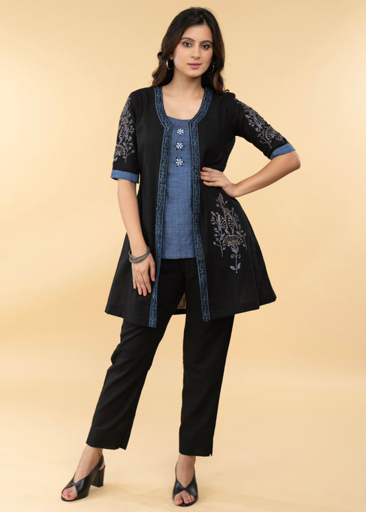 Black Embroidered Cotton Jacket with Stone Embellished Inner (2 Piece)- Pant Optional