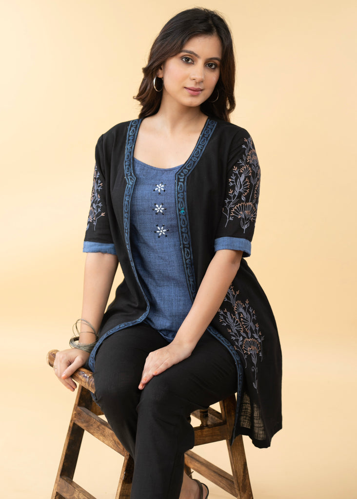 Black Embroidered Cotton Jacket with Stone Embellished Inner (2 Piece)- Pant Optional