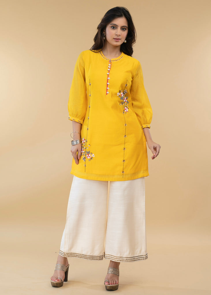 Elegant Hand Embroidered Yellow Chanderi Festive Tunic - Pant Optional