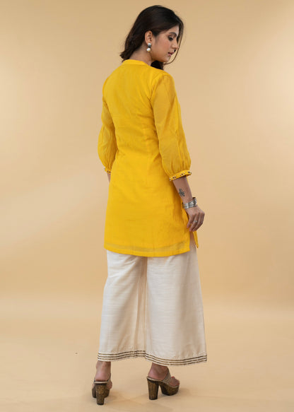 Elegant Hand Embroidered Yellow Chanderi Festive Tunic - Pant Optional