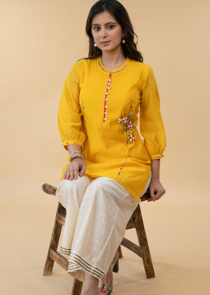 Elegant Hand Embroidered Yellow Chanderi Festive Tunic - Pant Optional