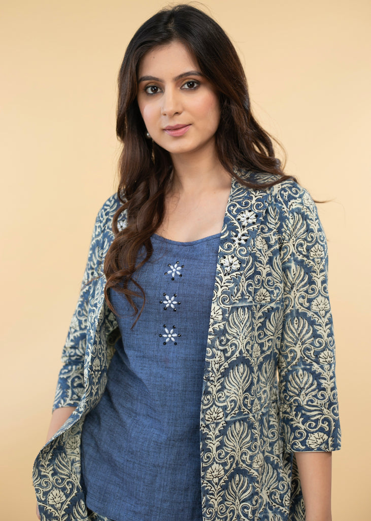 Cotton Block Printed Stone Embellished Jacket with Pure Cotton Inner ( 2 Piece)- Co-ord - Pant Optional