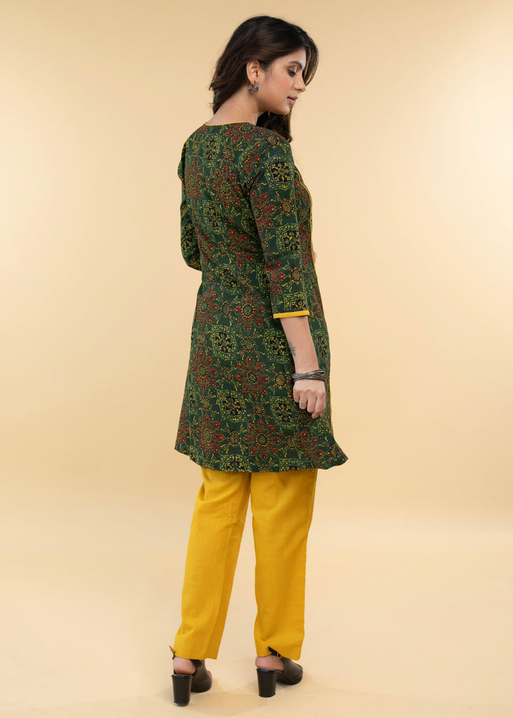 Ajrakh Jacket Tunic with Mustard Cotton Inner - Pant Optional