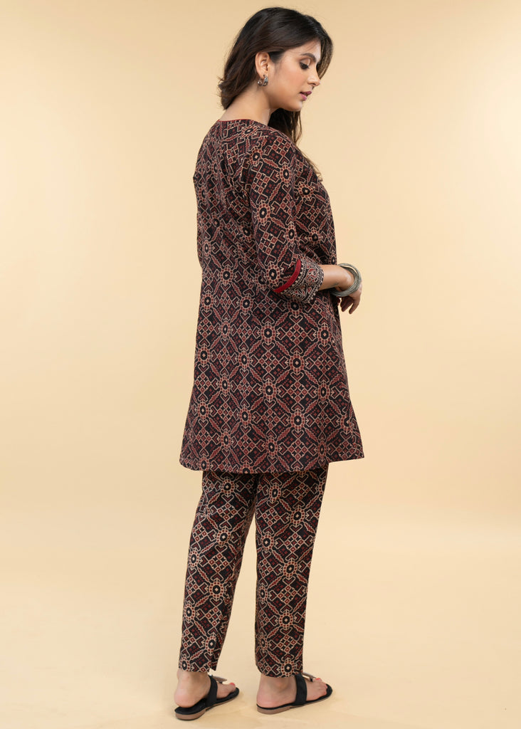 Smart Black Ajrakh Jacket with Cotton Silk Inner (2 Piece) - Ajrakh Pant Optional