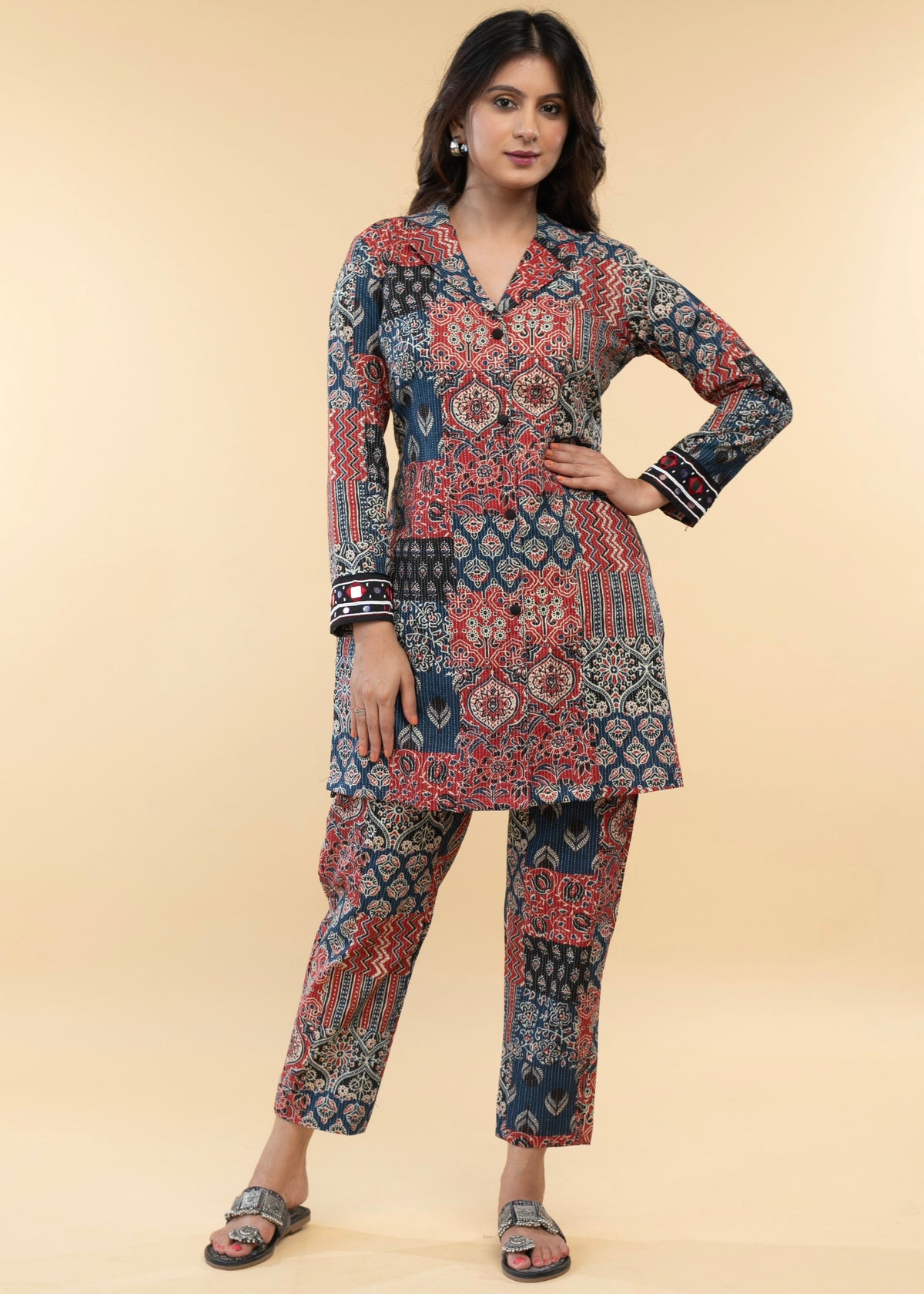 Dussehra Sale — Striking Multi Coloured Kantha Tunic with Hand Embroidery on sleeves - Co ord Pant Optional