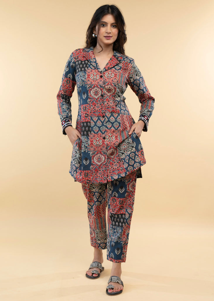 Striking Multi Coloured Kantha Tunic with Hand Embroidery on sleeves - Co ord Pant Optional