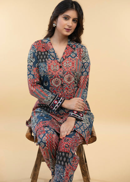 Striking Multi Coloured Kantha Tunic with Hand Embroidery on sleeves - Co ord Pant Optional