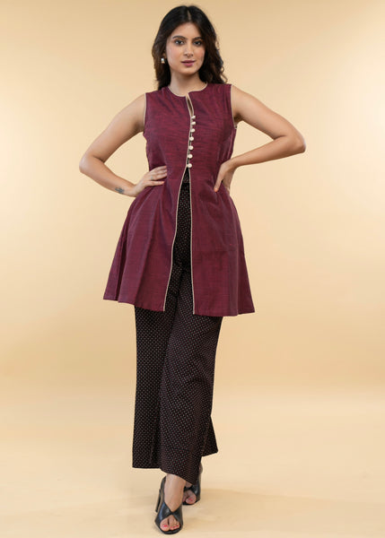 Pure Cotton Sleeveless Jacket with Ajrakh Inner (2 Piece)- Ajrakh Bell-Bottom Pant Optional