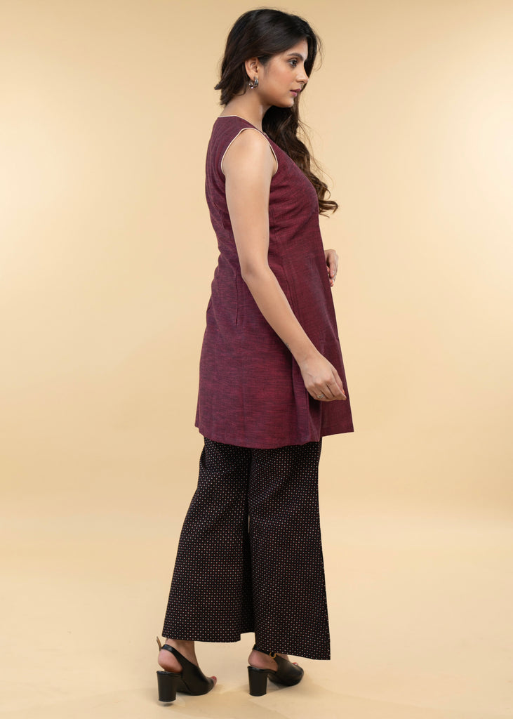 Pure Cotton Sleeveless Jacket with Ajrakh Inner (2 Piece)- Ajrakh Bell-Bottom Pant Optional