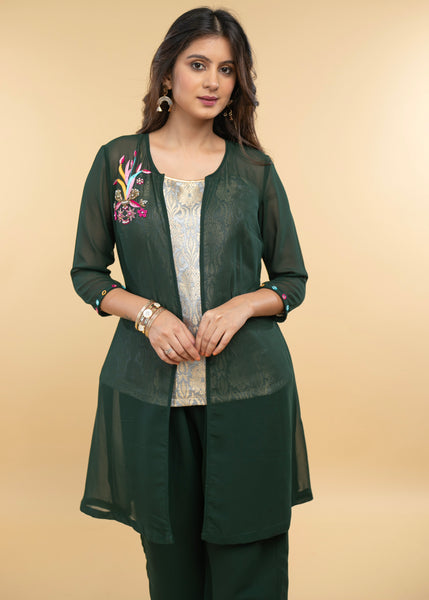Hand Embroidered Georgette Evening Jacket with Brocade Inner(2 Piece) - Georgette Pant Optional