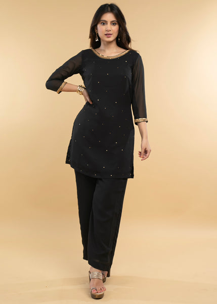 Exclusive Black Hand Embroidered Georgette Evening wearTunic - Georgette Pant Optional