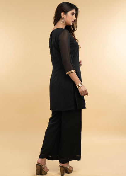 Exclusive Black Hand Embroidered Georgette Evening wearTunic - Georgette Pant Optional
