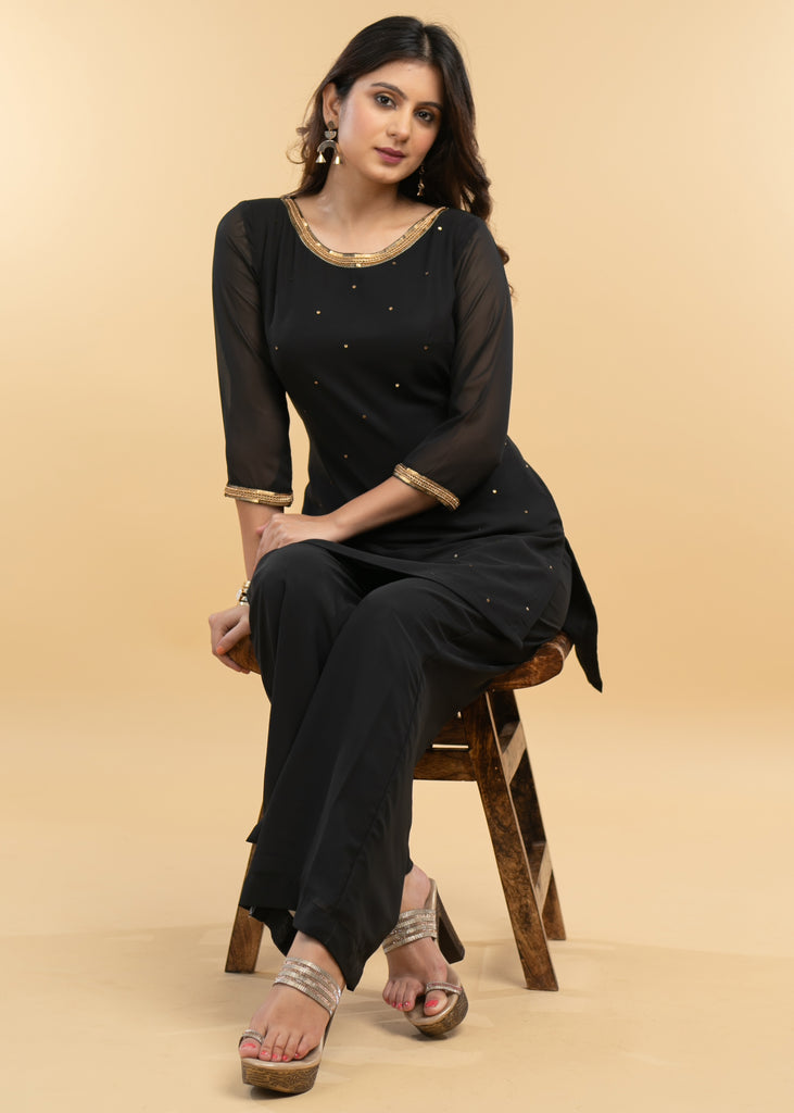 Exclusive Black Hand Embroidered Georgette Evening wearTunic - Georgette Pant Optional