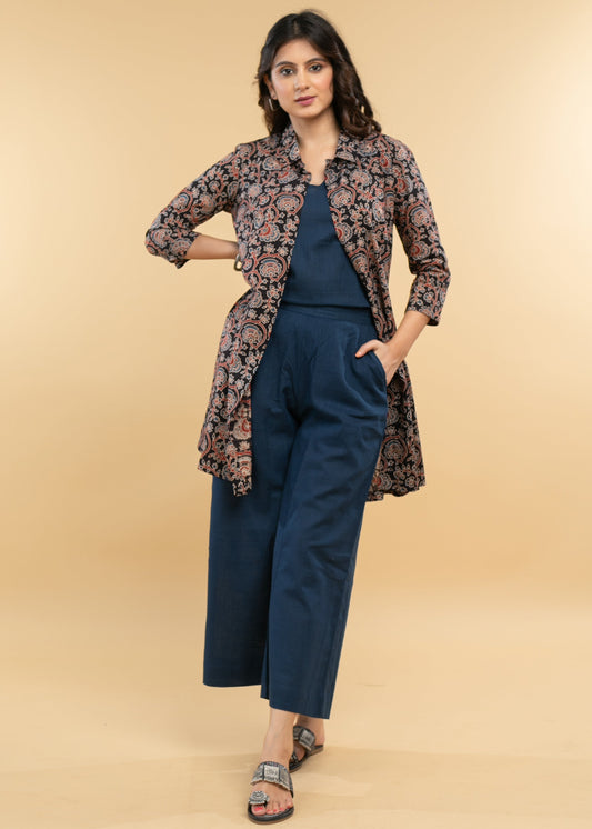 Smart Floral Ajrakh jacket Style Tunic with inner - pant optional